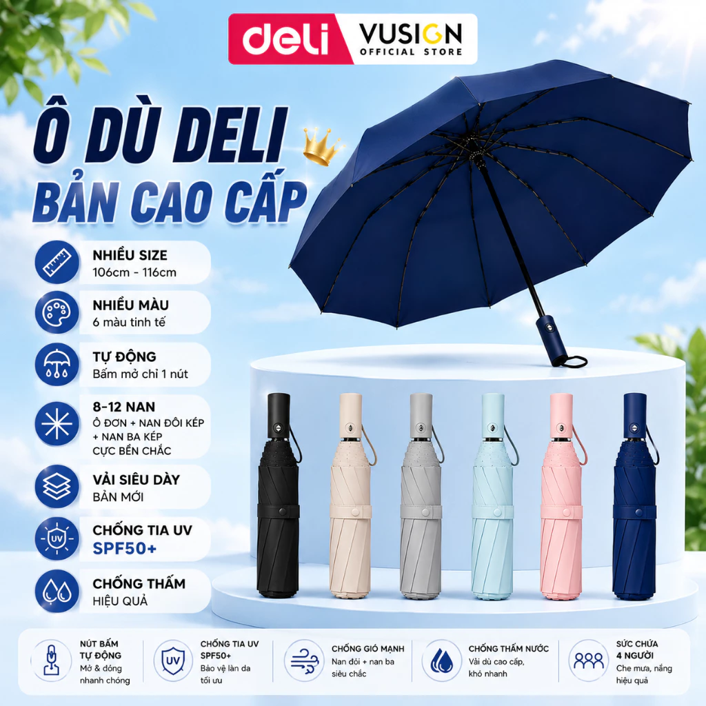 Ô Dù Che Mưa Nắng Tự Động DELI Nan Thép 3 Cao Cấp Nhiều Size Nhiều Phiên Bản Gấp Gọn Chống UV