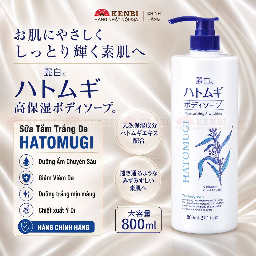 Sữa tắm dưỡng ẩm trắng da Ý Dĩ Hatomugi Naturie 800ml - Kenbi hàng Nhật nội địa