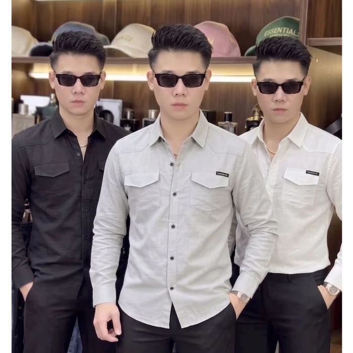 Áo sơ mi nam ngắn tay boy phố vải đũi co giãn cao cấp in chữ sang trọng mẫu-MLB SHOP98