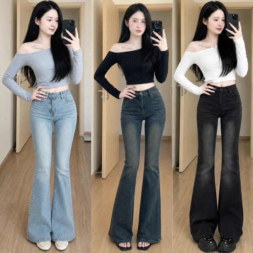 Quần bò nữ ống loe MIAA  dáng ôm màu RETRO, quần jeans loe cạp cao co giãn ôm eo nữ đủ size nhiều màu