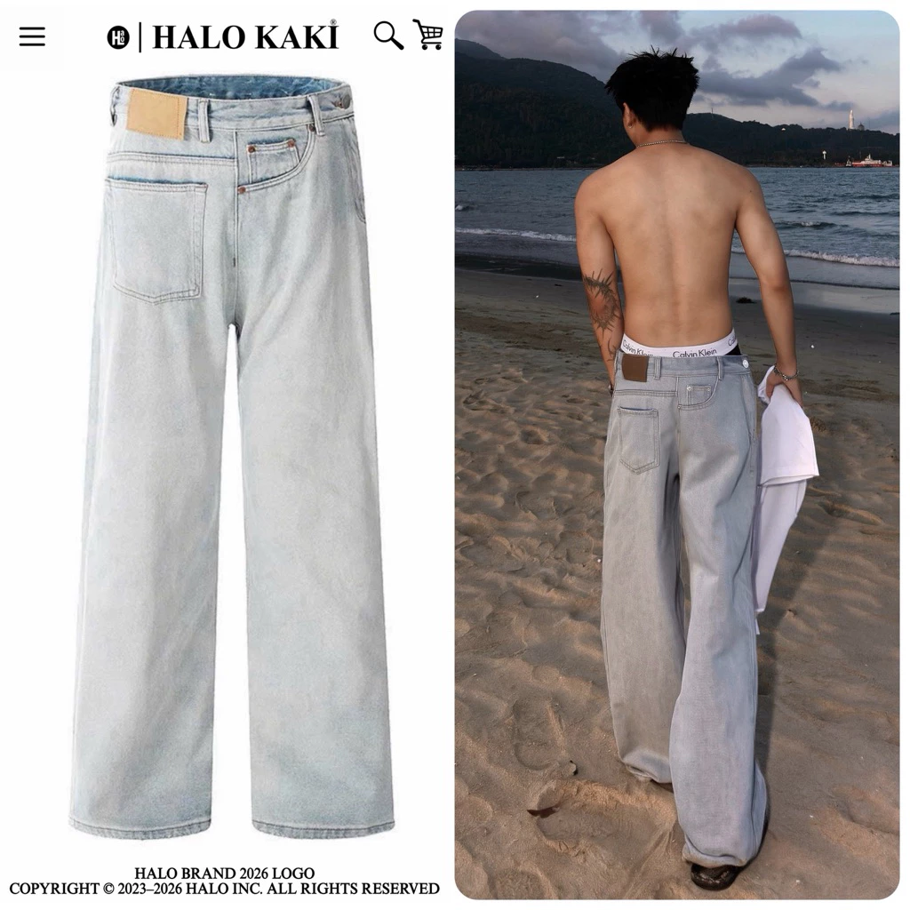 QUẦN JEANS XANH ỐNG NGƯỢC NÚT CHÉO THIẾT KẾ RIÊNG HALO KAKI