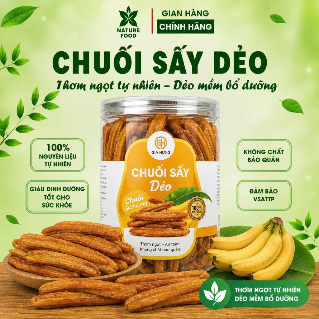 CHUỐI SẤY DẺO NGUYÊN TRÁI NGỌT Phân Phối Bởi NATURE FOOD có hồ sơ công bố và kiểm nghiệm sản phẩm