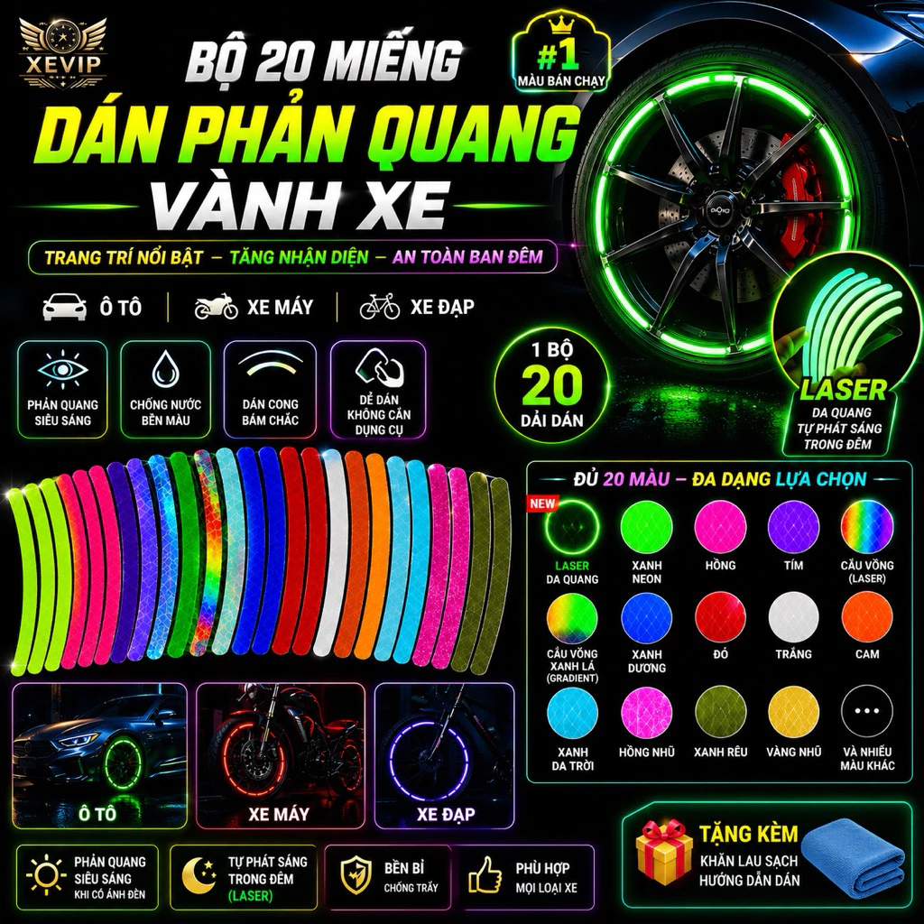 20 Miếng Dán Phản Quang Trang Trí Vành Xe Ô Tô, Xe Máy, Xe Đạp – Dễ Dán, Phản Sáng Ban Đêm