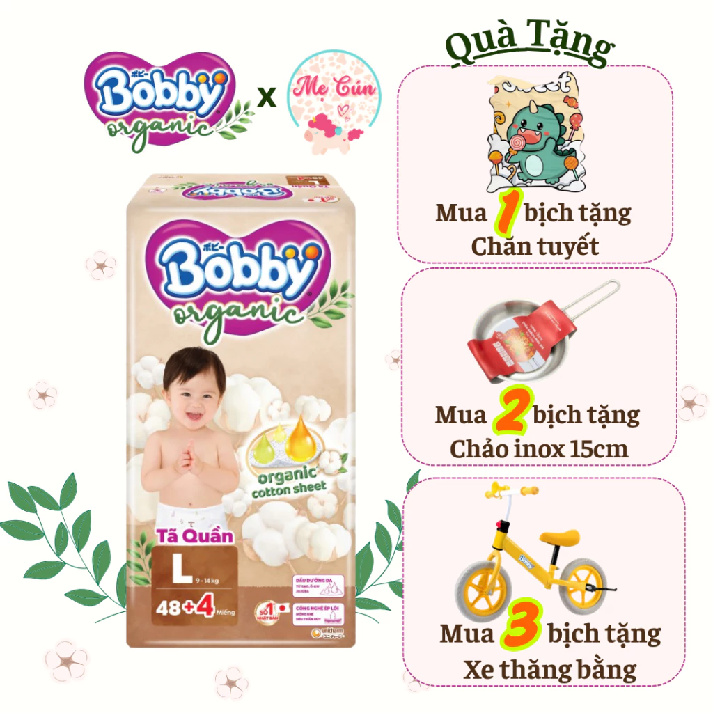 (Tặng quà) Tã quần Bobby Organic Bông Hữu cơ M54+4, L48+4, XL46+4, XXL42+4, XXXL31+4 cho bé