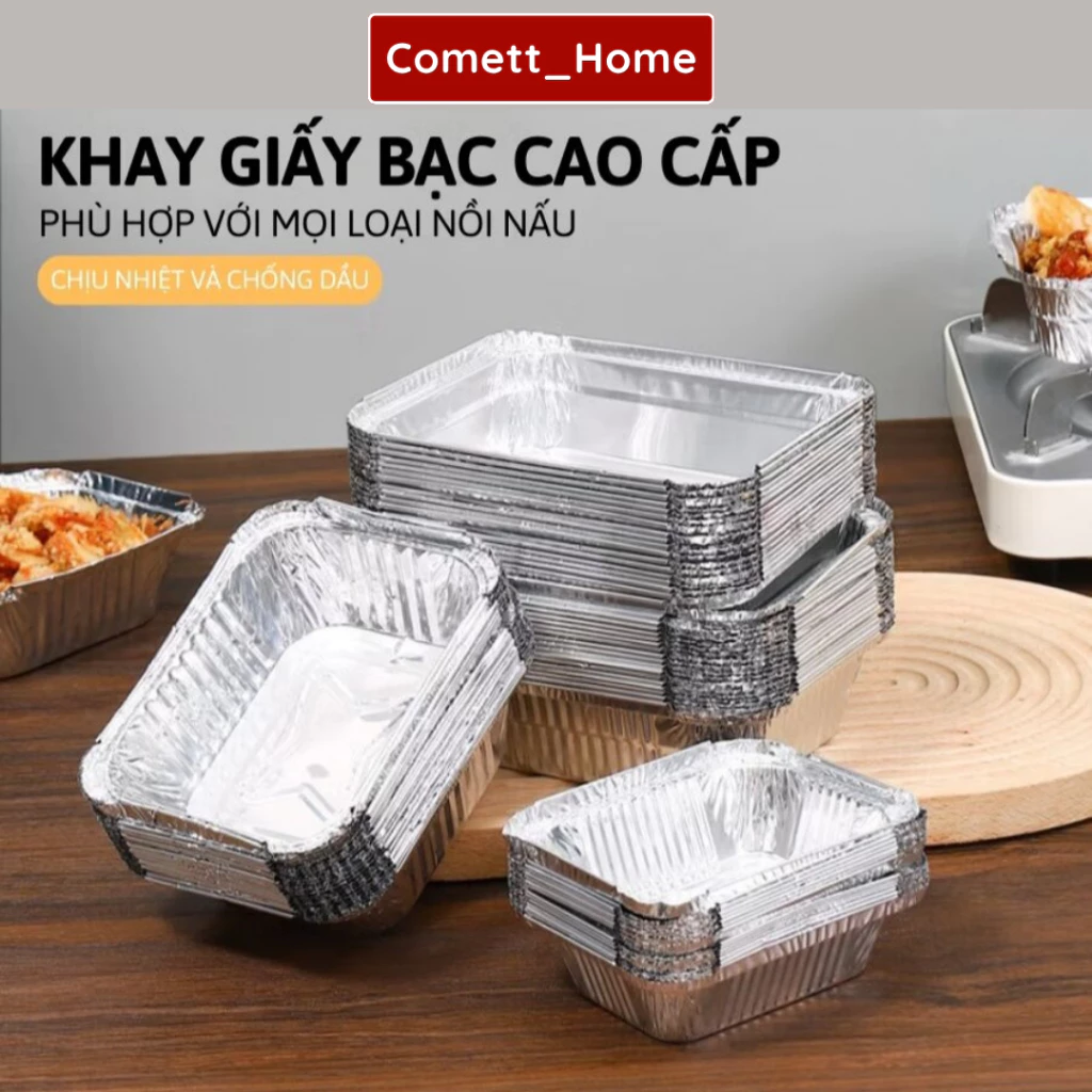 Khay Giấy Bạc Lót Nồi - Set 50 Chiếc Khuôn Giấy Bạc Hình Chữ Nhật 700ml Chống Dầu Mỡ Chống Bẩn