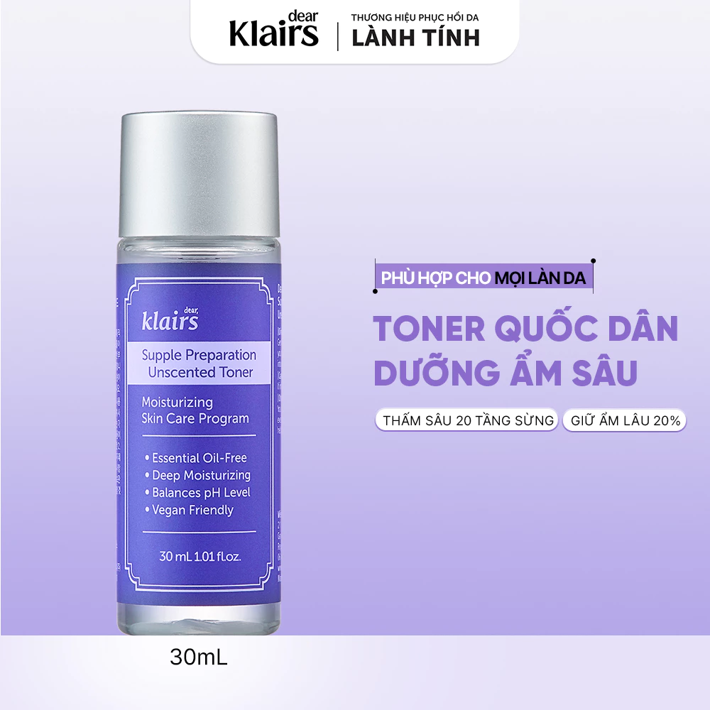 [Minisize] Nước hoa hồng Dear, Klairs Supple Preparation Unscented Toner hỗ trợ làm sáng da 30ml