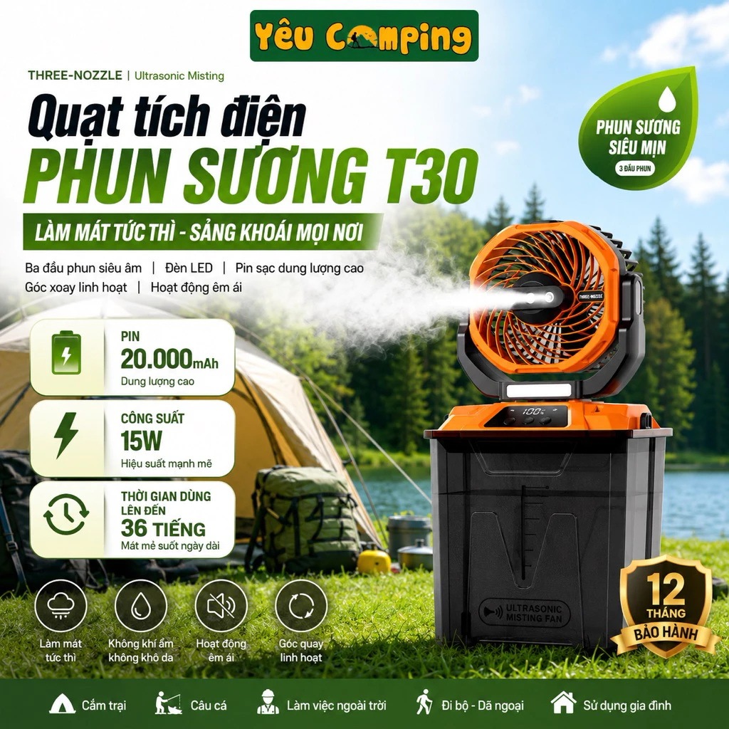 Quạt tích điện dã ngoại F6 T30 pin 20000 mah dùng 65 tiếng test thực tế Quạt có đèn nhiều chức năng