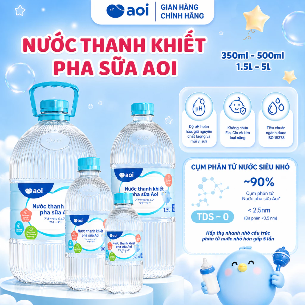 Nước thanh khiết pha sữa Aoi giữ trọn vẹn dưỡng chất, dung tích 350ml, 500ml, 1500ml
