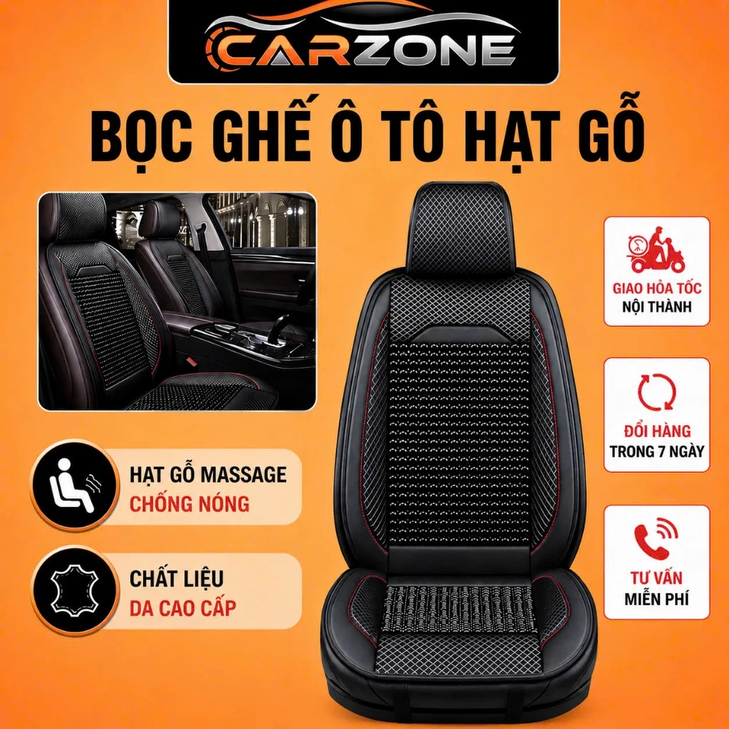 Bọc Ghế Ô Tô Hạt Gỗ Massage Chống Nóng CARZONE - Lót Ghế Ô Tô Da Cao Cấp, Tựa Lưng Hạt Gỗ Thoáng Khí