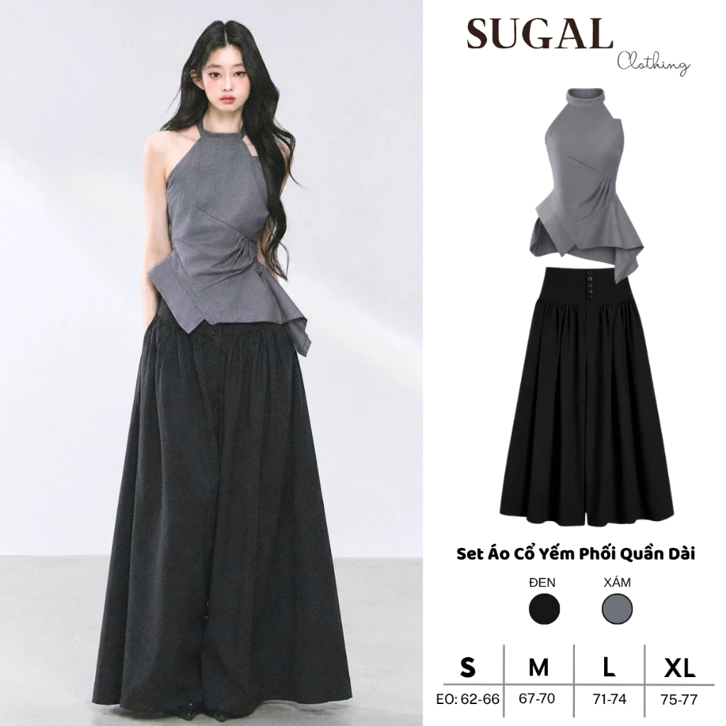 SUGAL - Set Áo Cổ Yếm Cách Điệu Xếp Ly Xòe Phối Quần Dài Ống Siêu Rộng, Set Đồ Kiểu Hàn Quốc Dễ Phối| TOP 305 + QUAN 165