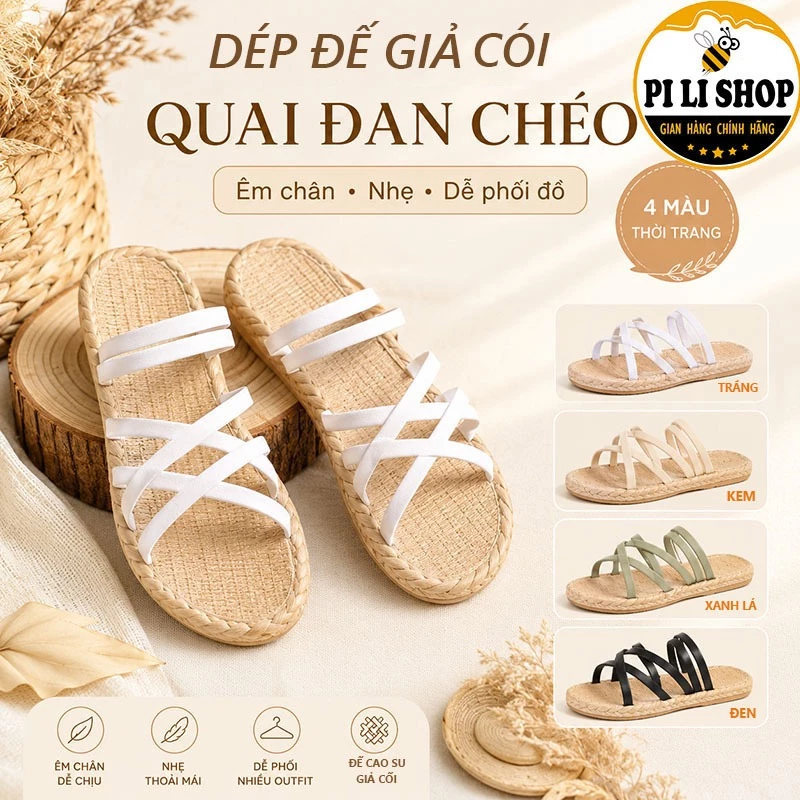 Dép Sandal Nữ Quai Chéo Quai Hậu Đế Bệt Giả Cói, Dép Lê Nữ Đan Dây Cao Su Mềm Êm Chân Thời Trang