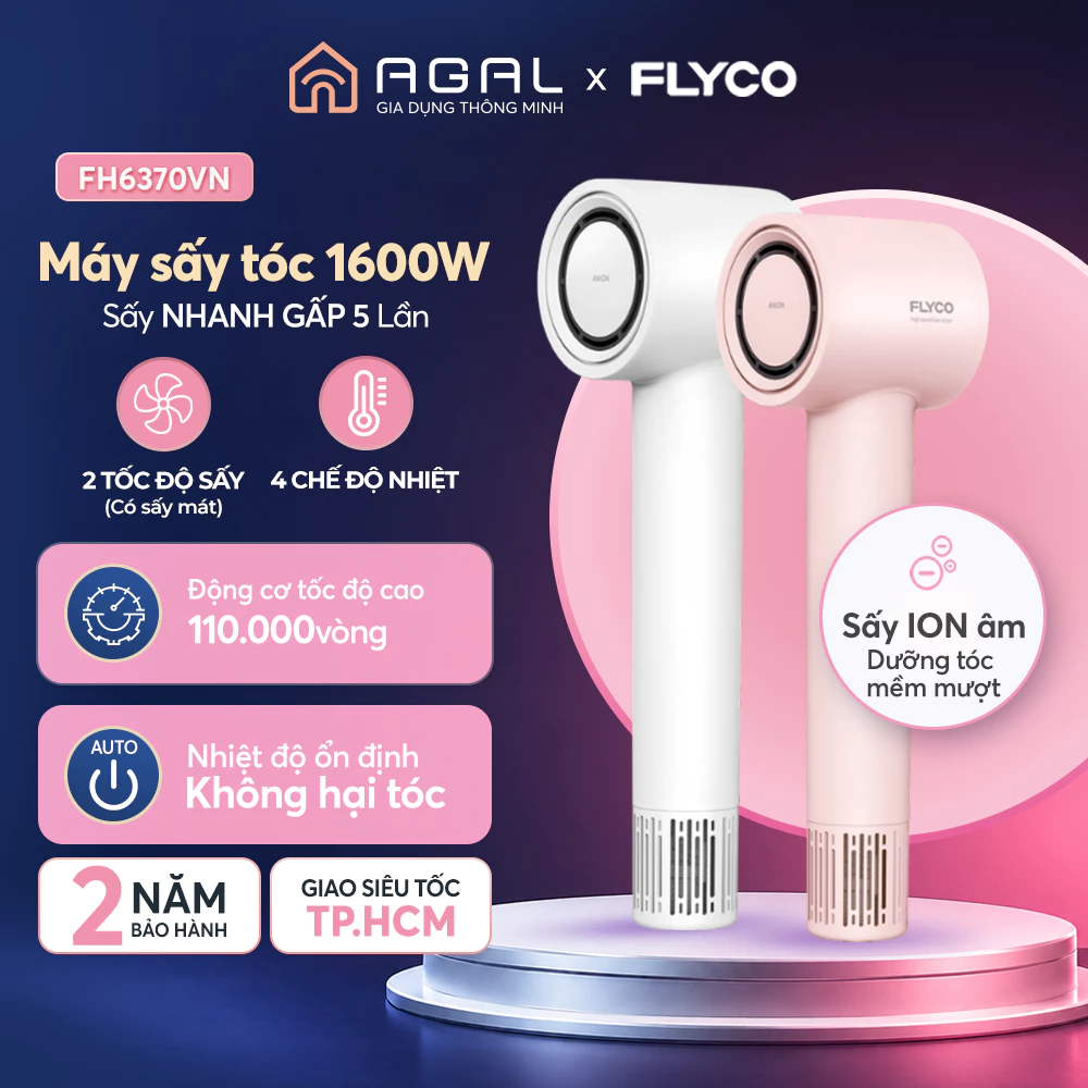 Máy sấy tóc Flyco FH6370VN 1600W Sấy nhanh x5 lần | Công nghệ ion âm | 3 mức nhiệt - Bảo hành 2 năm
