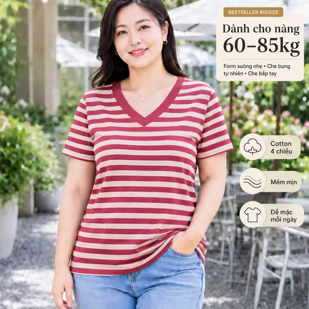 Áo thun nữ cổ V BIGSIZE sọc ngang BSV81 TOLI Cotton 4 chiều co giãn, Dáng suông dễ mặc từ 59–85kg