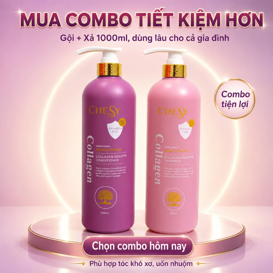 Combo Dầu Gội Xả CHESY Collagen 1000ml – Giảm Bết Nhờn, Tóc Mềm Mượt Bóng Khỏe, Hỗ Trợ Phục Hồi Tóc Hư Tổn