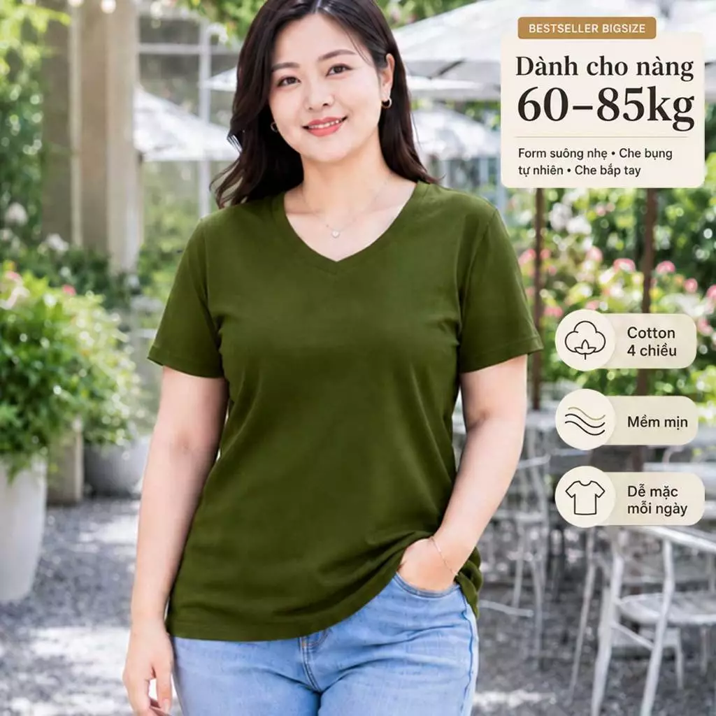 Áo thun nữ BIGSIZE cổ tim TOLI BSA47, Cotton 4 chiều co giãn, Form suông dễ mặc từ 59–85kg