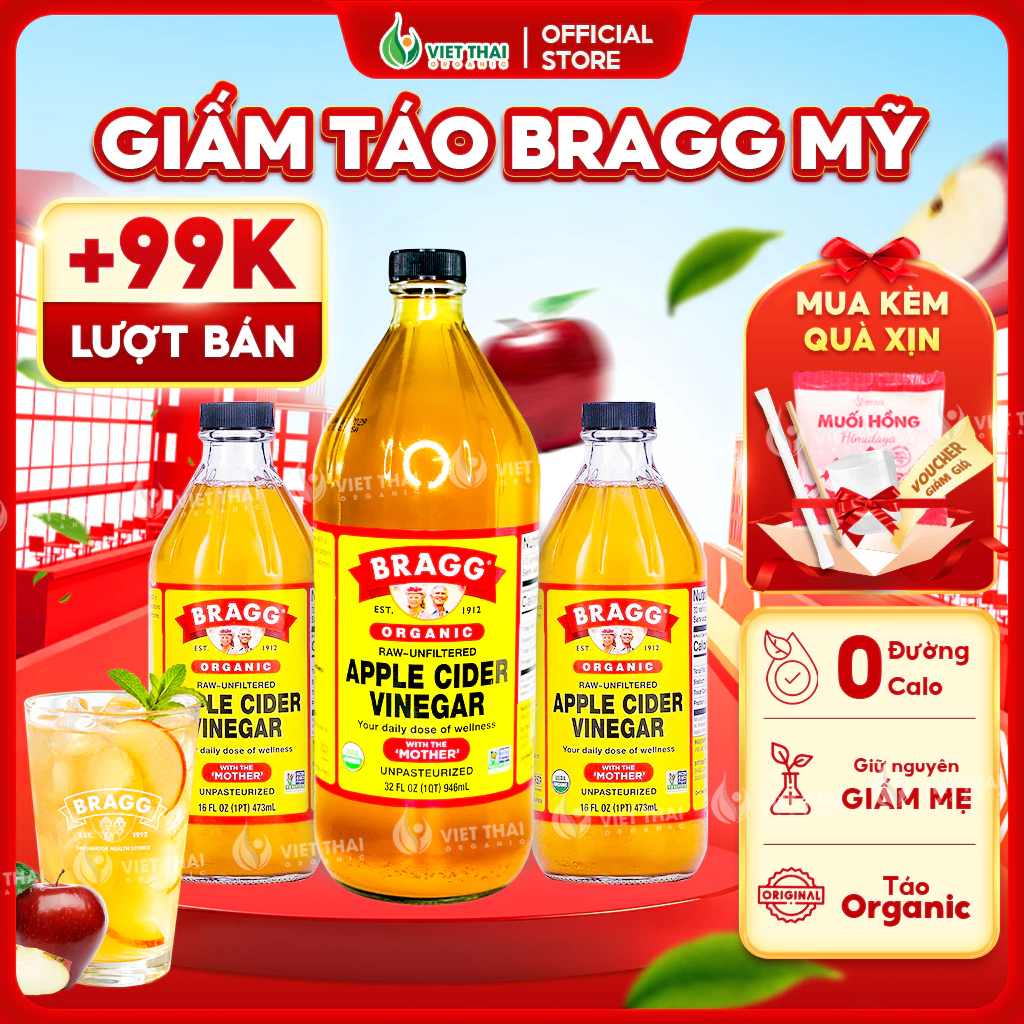【CHÍNH HÃNG + QUÀ】Giấm Táo Bragg Hữu Cơ Ăn Kiêng, Dấm Táo Organic Apple Cider Vinegar Mỹ Có Giấm Cái