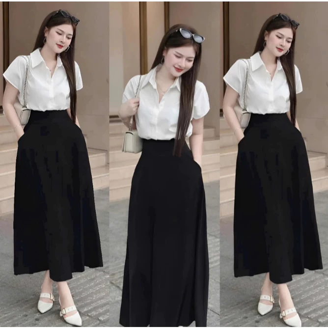 Sét thời trang công sở chất áo sơ mi đũi tay ngắn đính nút kèm chân váy xòe dài có túi siêu xinh BCS231