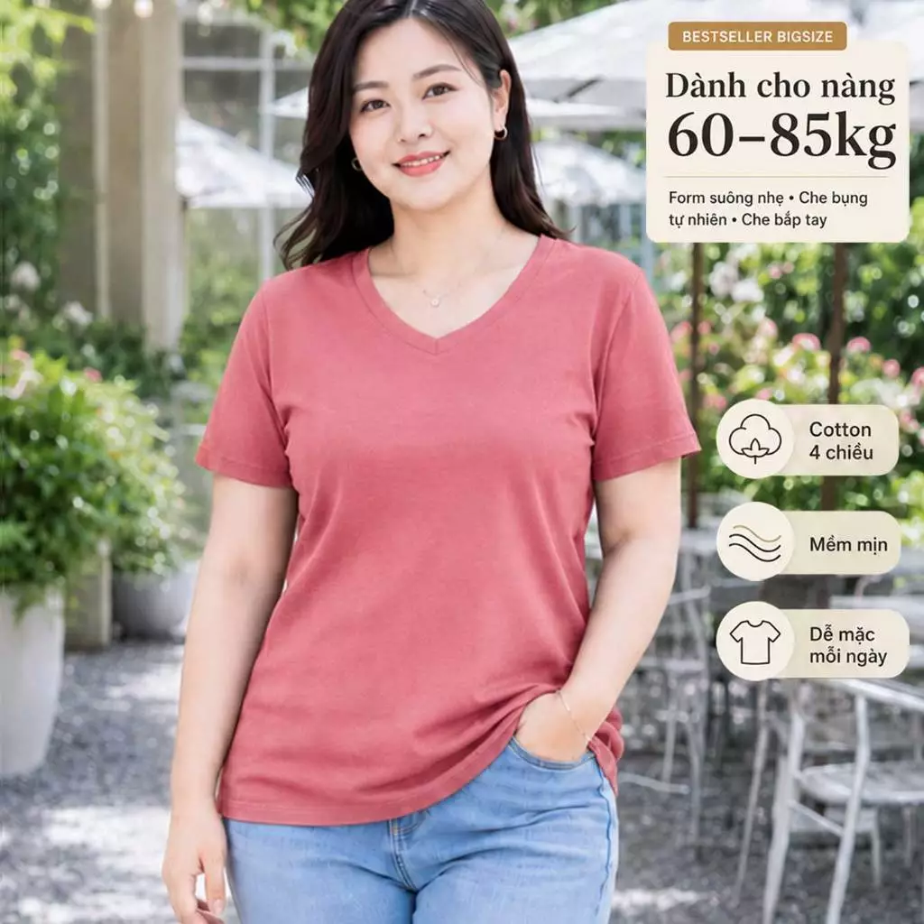 Áo thun nữ BIGSIZE cổ tim TOLI BSA48, Cotton 4 chiều co giãn, Form suông dễ mặc từ 59–85kg