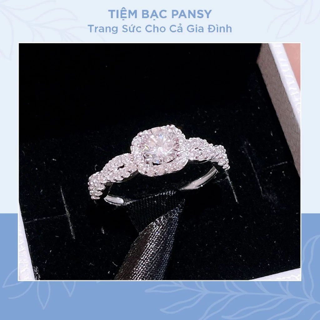 Nhẫn bạc nữ PANSY mặt vuông viền xoắn đính đá sang trọng bằng bạc ta - TIỆM BẠC PANSY