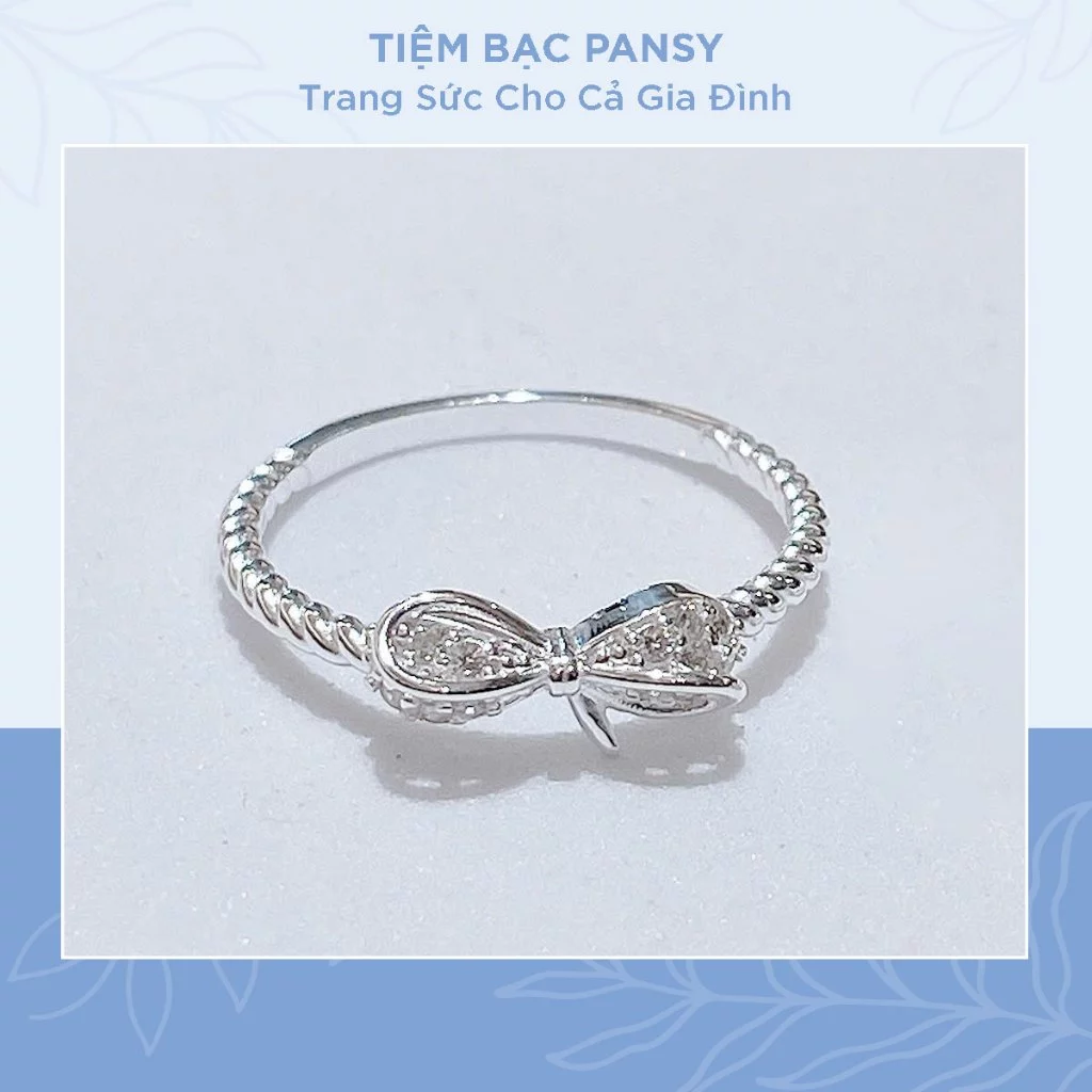Nhẫn bạc nữ PANSY nơ thắt nạm đá, viền xoắn trơn xinh xắn - TIỆM BẠC PANSY