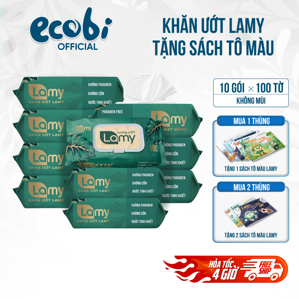 Thùng 10 gói khăn ướt Lamy 100 tờ không mùi cao cấp