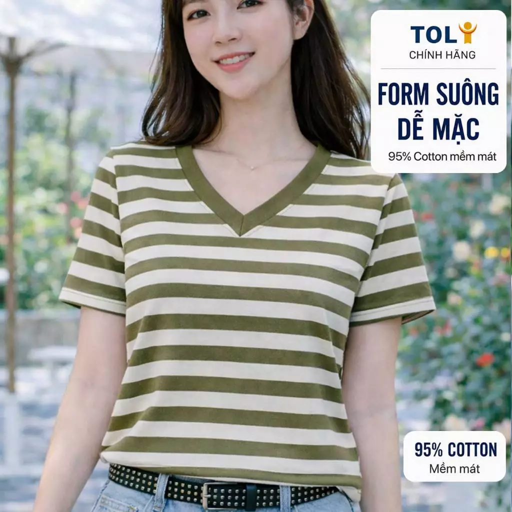 Áo thun nữ sọc ngang cổ V TOLI BSV82 – cotton 4 chiều, form suông không kén dáng, dễ mặc mọi lúc