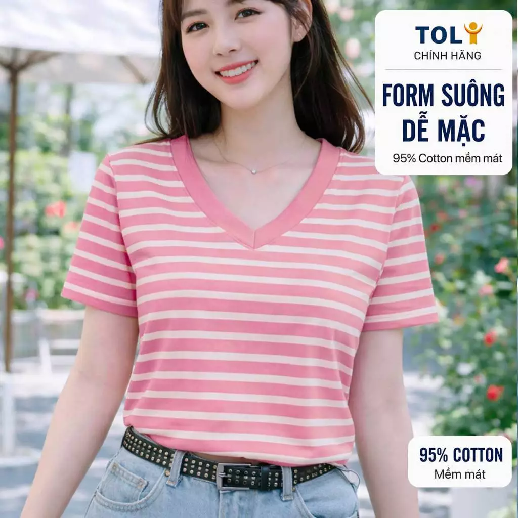 Áo thun nữ sọc ngang cổ V TOLI BSV33 – Cotton mềm, form suông gọn dáng, dễ phối mặc mỗi ngày