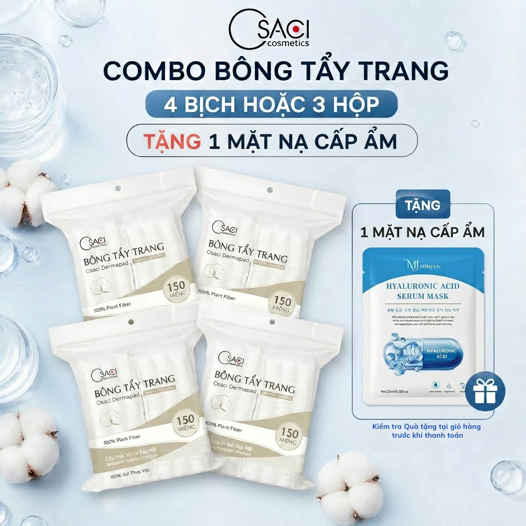 Combo 4 Gói Bông Tẩy Trang Cấu Trúc Vi Sợi Dập Nổi Không Xơ Bông Osaci Dermapad 600 Miếng