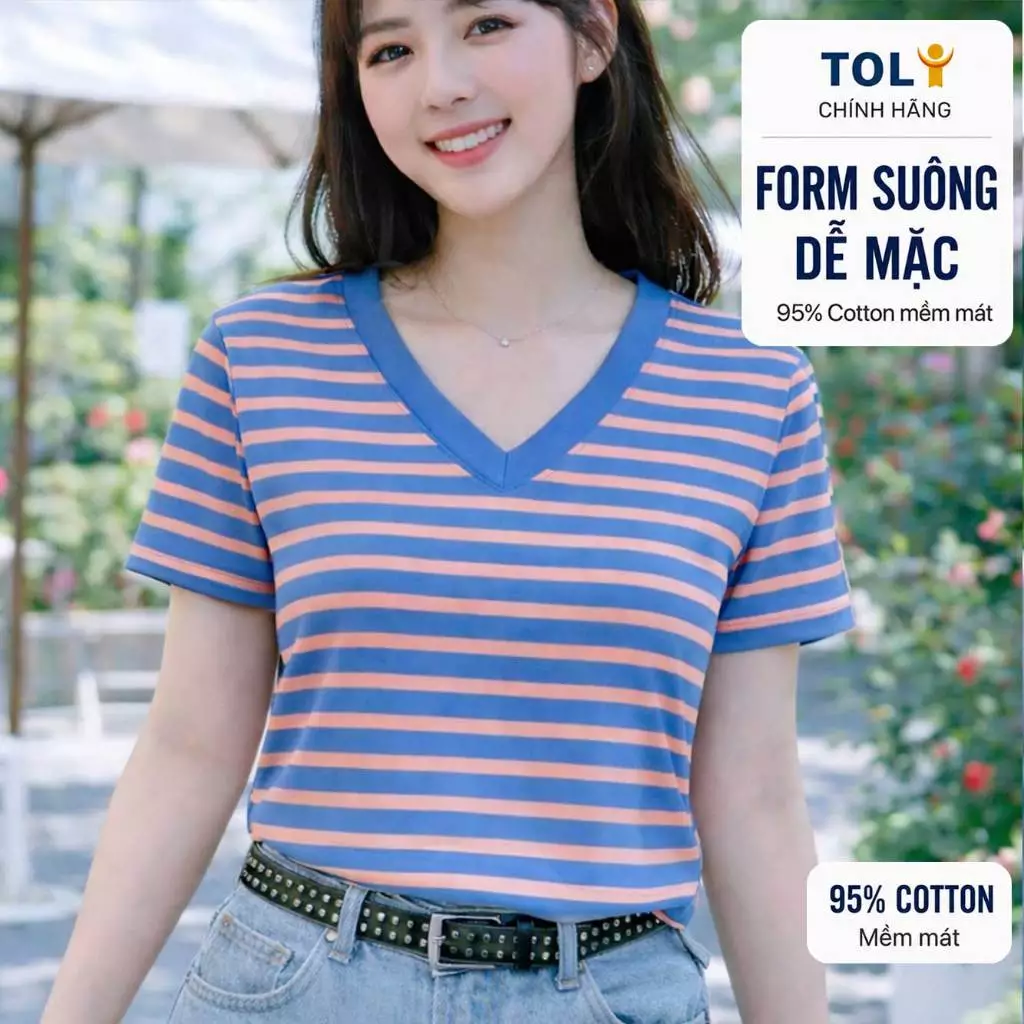Áo thun nữ sọc ngang cổ V TOLI BSV34 – Cotton mềm, form suông gọn dáng, dễ phối mặc mỗi ngày