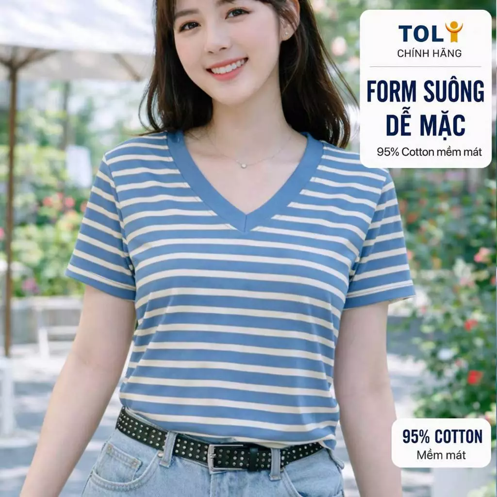 Áo thun nữ sọc ngang cổ V TOLI BSV32 – Cotton mềm, form suông gọn dáng, dễ phối mặc mỗi ngày