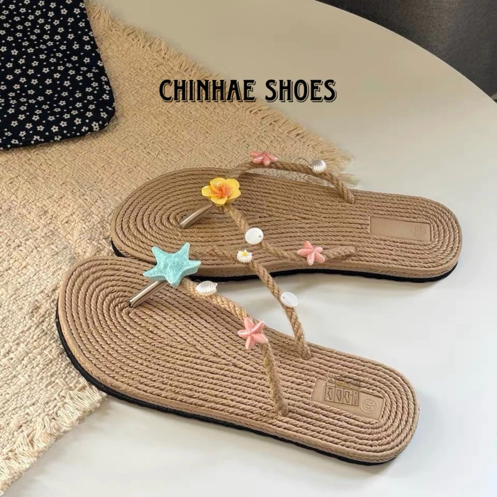 Dép lê kẹp ngón cói sticker sao biển chống trơn trượt siêu nhẹ phong cách vintage du lịch biển hè cho nữ retro