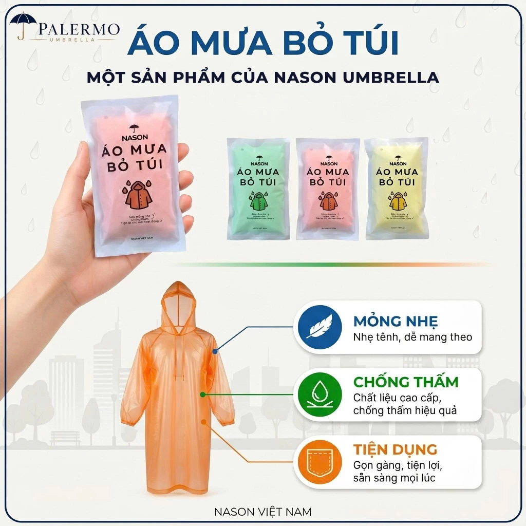 Combo áo mưa bỏ túi tiện lợi thiết kế nhỏ gọn Palermo áo mưa giấy mỏng nhẹ, chống thấm nước