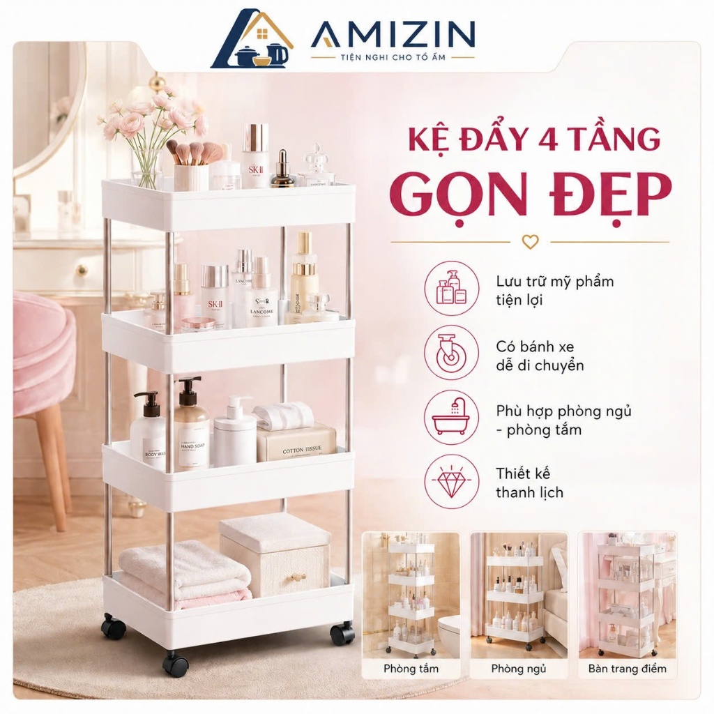 Kệ đựng đồ đa năng 3 tầng,4 tầng có bánh xe đẩy chuyên dụng cho spa, phòng…