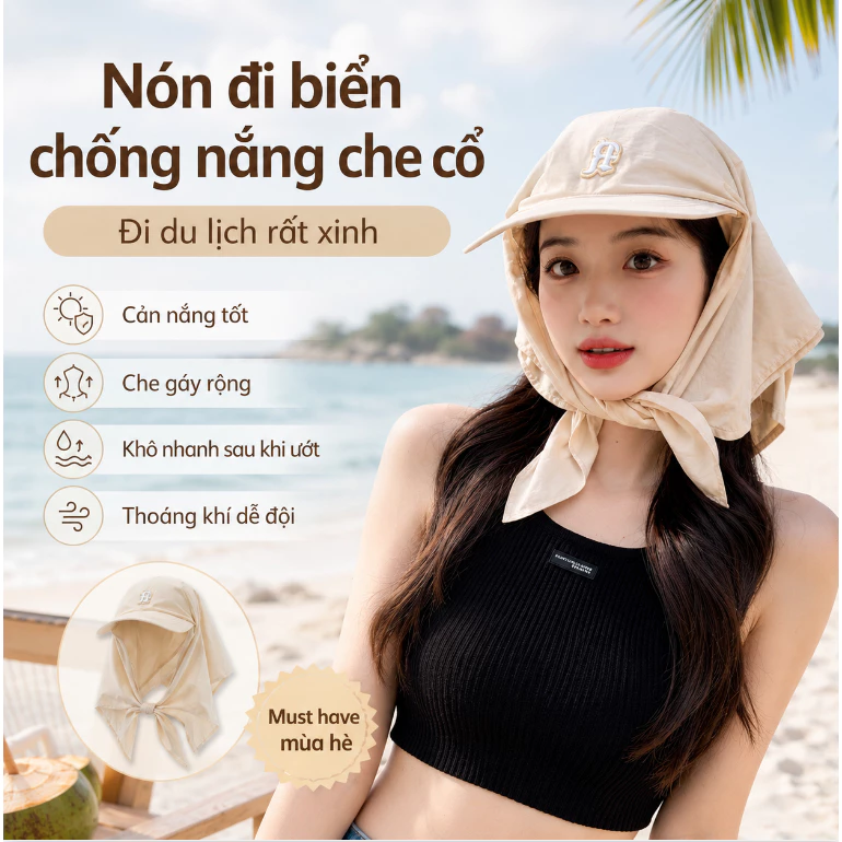 Mũ Chống Nắng UPF50+ Dây Đeo Cổ Khe Tóc Đuôi Ngựa Kiểu Hàn Nhanh Khô Đi Xe Máy Không Bay