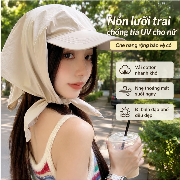 Mũ Chống Nắng Nữ UPF50+ Che Cổ Dài Không Bay Khi Chạy Xe Nhanh Khô Thoáng Đi Xe Máy Đi Biển