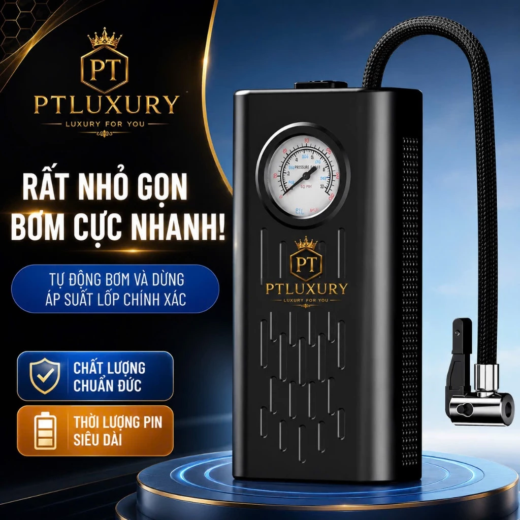Máy bơm lốp ô tô PTLUXURY không dây tích điện cầm tay sạc USB ngắt tự động, thiết kế nhỏ gọn công suất lớn