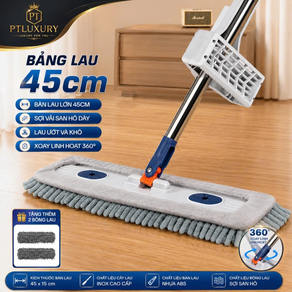 Cây Lau Nhà Tự Vắt 45CM Bông Lau San Hô Sợi Microfiber Siêu Thấm Hút - PTLUXURY