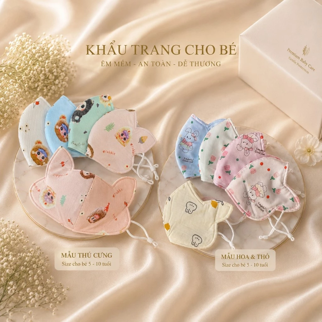 Khẩu trang tai thỏ cho bé gái nhiều màu, 3 lớp size từ 4 đến 10 tuổi