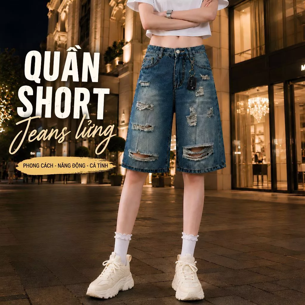 Quần jeans lửng ống rộng unisex ZGO quần short jean lửng wash rách form unisex nam nữ QZG08