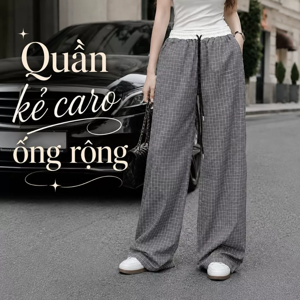 Quần kẻ caro ống rộng ZGO quần dài ống rộng phối cạp chât lụa mềm thoái  phong cách QZG10