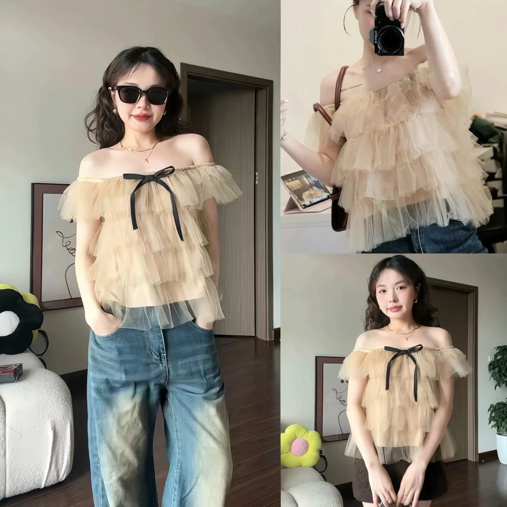 (Áo Kèm Nơ) Áo Nữ Kiểu Trễ Vai Ren Nhiều Tầng Tiểu Thư Công Chúa MS147