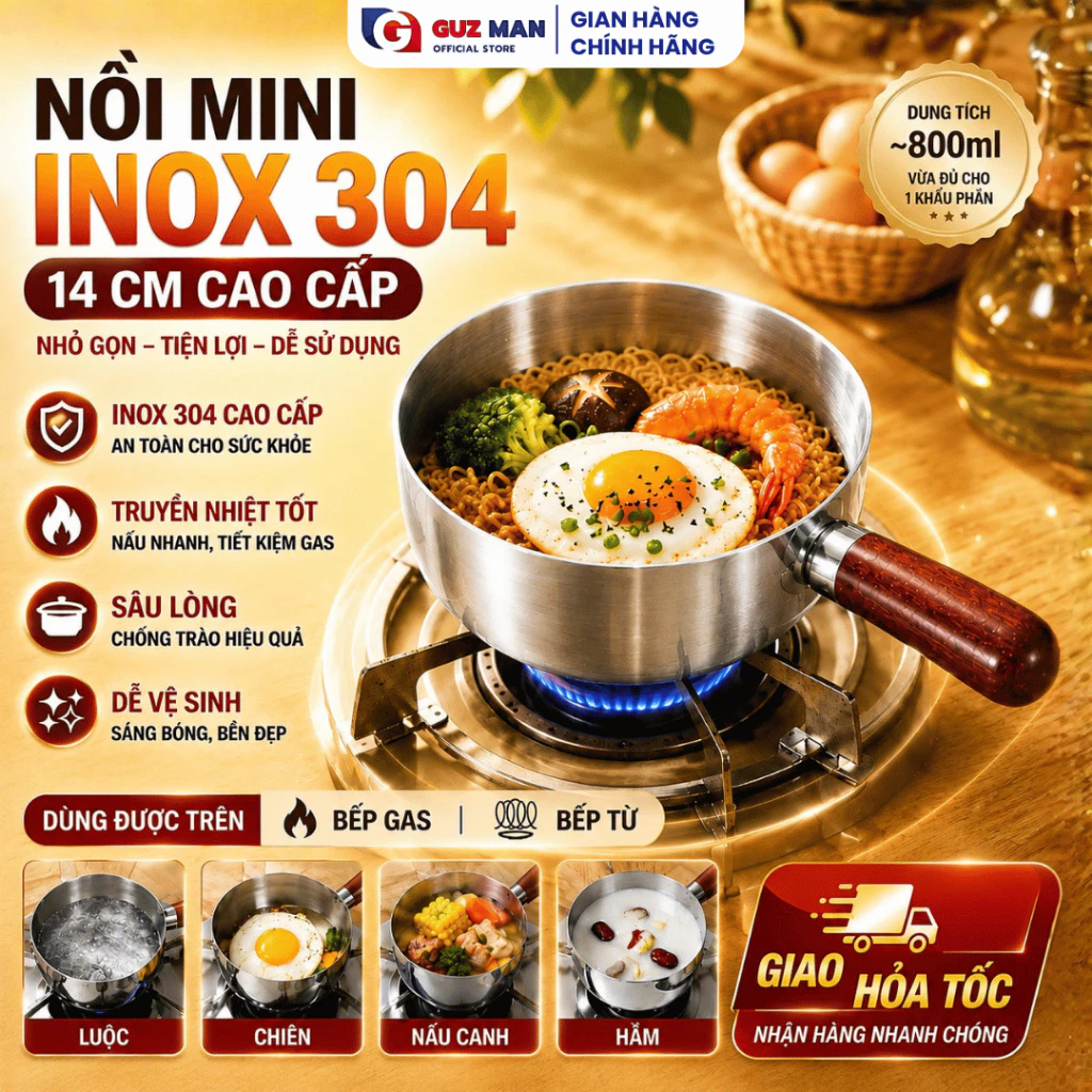Nồi Mini INOX304 14cm Cầm Tay Cán Gỗ Chống Nóng Dùng Bếp Từ, Bếp Ga Nấu Mì Nấu Cháo An Toàn Tiện Lợi