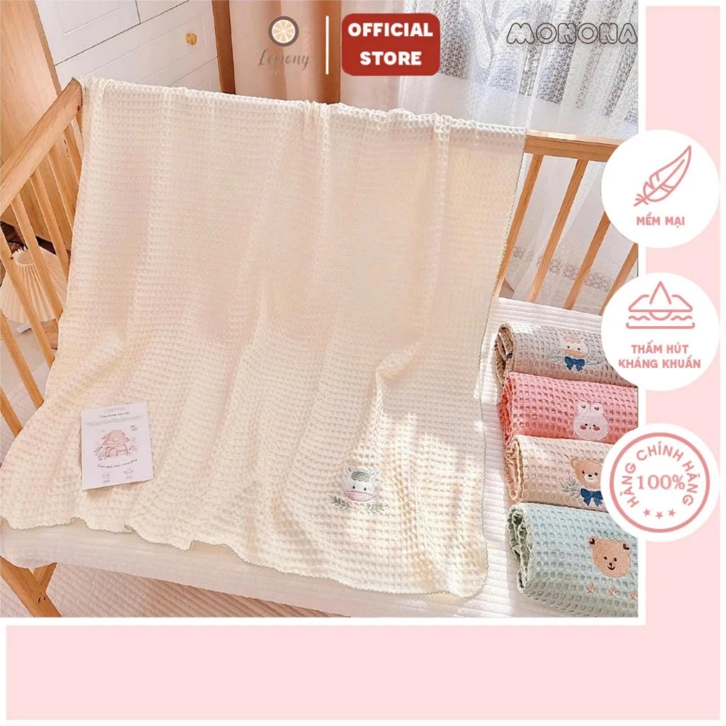 Chăn lưới Hàn Quốc, chăn đắp cho bé chất liệu Cotton Waffle thoáng khí, họa tiết dễ thương