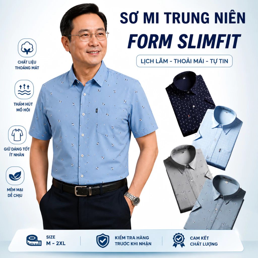 Áo Sơ Mi Nam Trung Niên Tay Ngắn Cao Cấp GENALPHA - Vải Lụa Cotton Co Giãn Form Rộng Có Túi