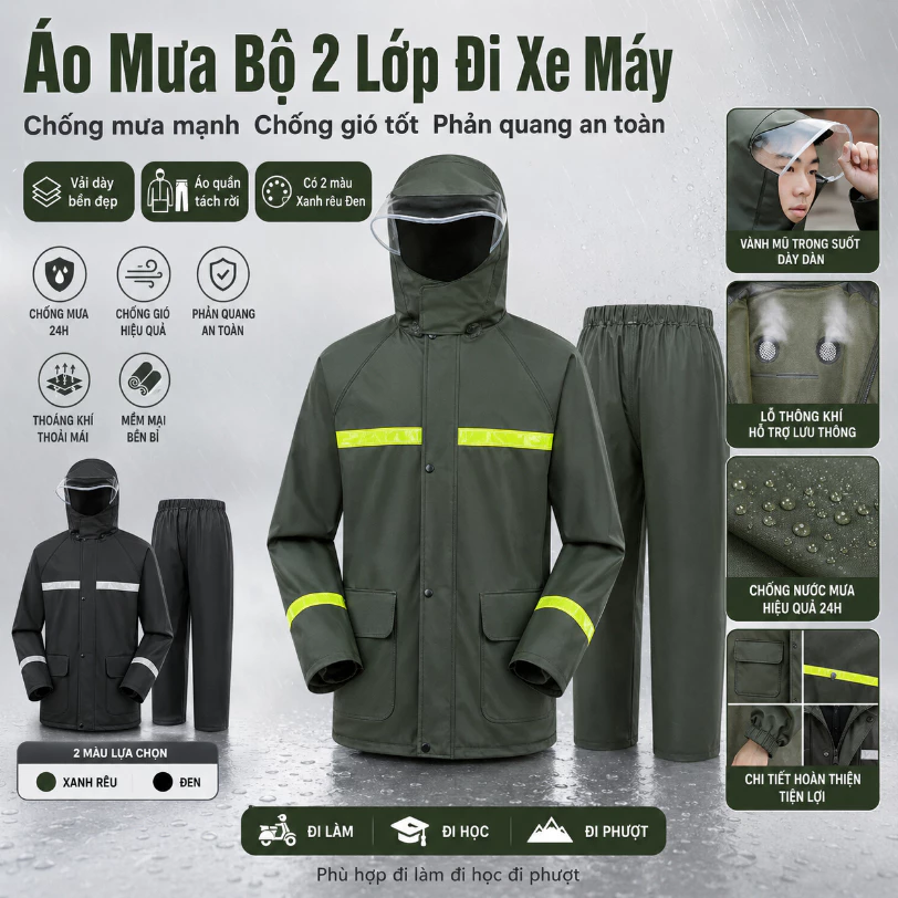 Áo Mưa Bộ 2 Lớp Shipper Không Ướt Đũng Xe Máy Vải Dày Dai Không Rách Phản Quang Đêm Đi Làm Tiện Lợi