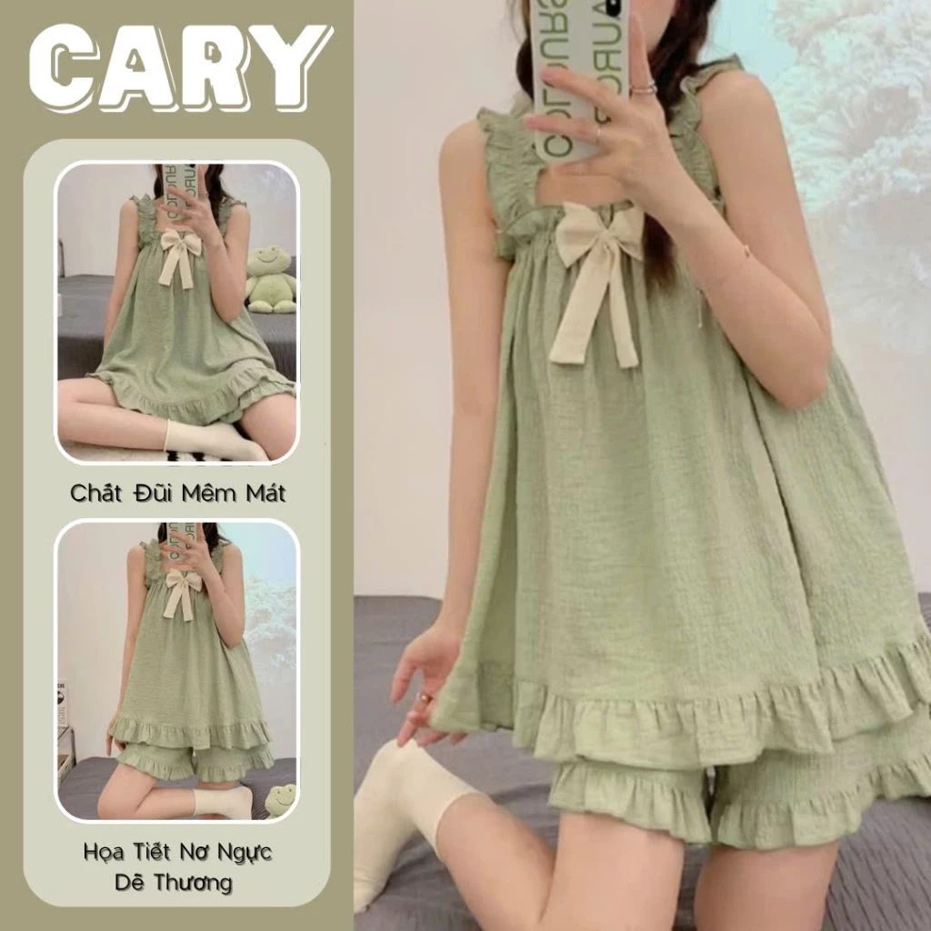 Set pijama đũi hàn 2 dây bèo nhún mềm mại họa tiết xinh xắn bộ ngủ nữ đũi cotton dây mùa hè CARY