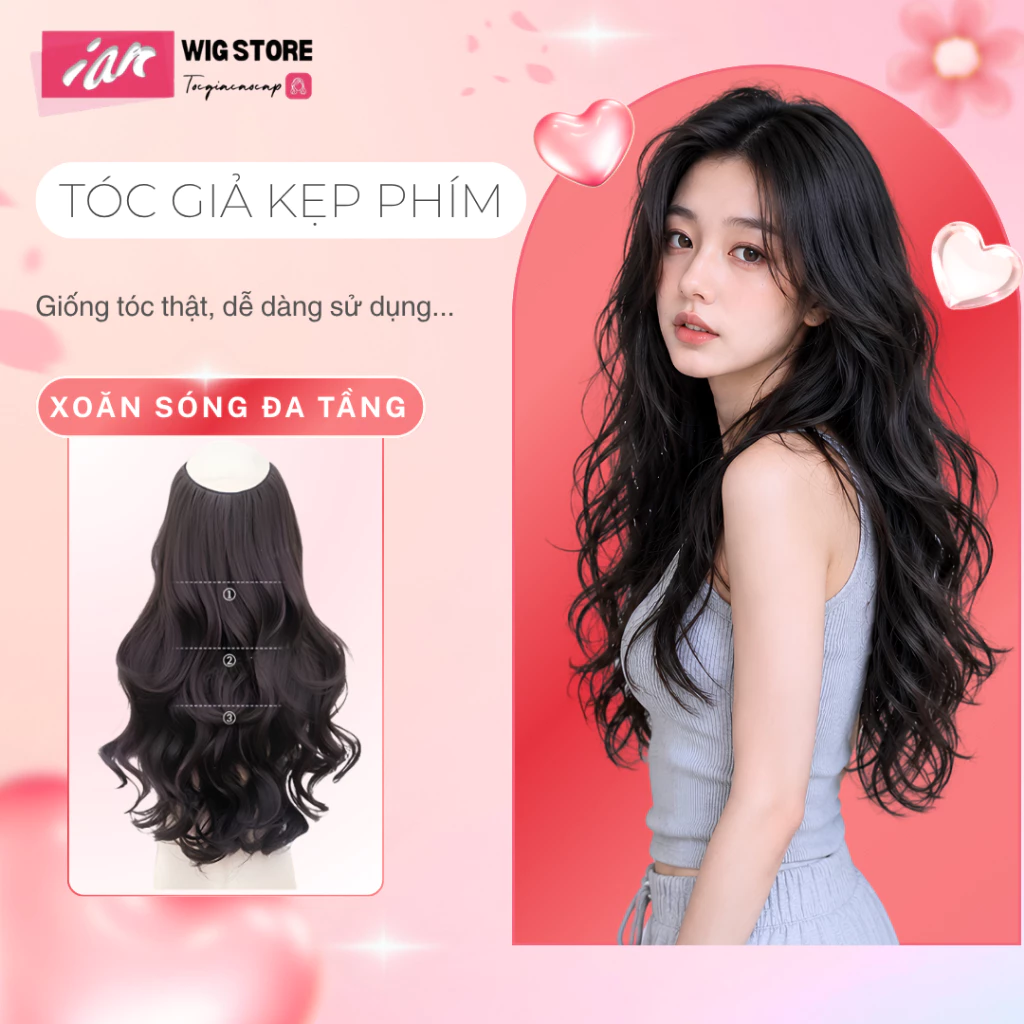 Tóc giả kẹp chữ U kẹp dải xoăn dài sợi tơ cao cấp tiện dụng