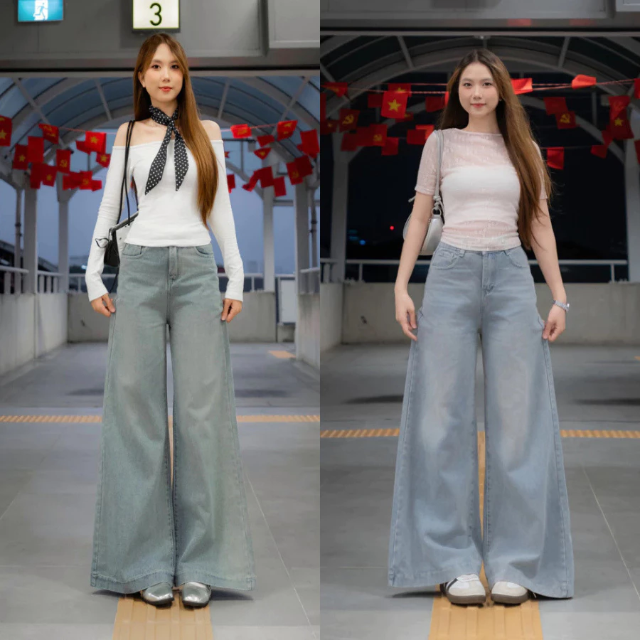 Quần Jean Ống Rộng Loe 33-37cm Màu Xanh Classic Lưng Cao, Quần Bò Nữ Siêu Tôn Dáng Có Size Nấm Lùn