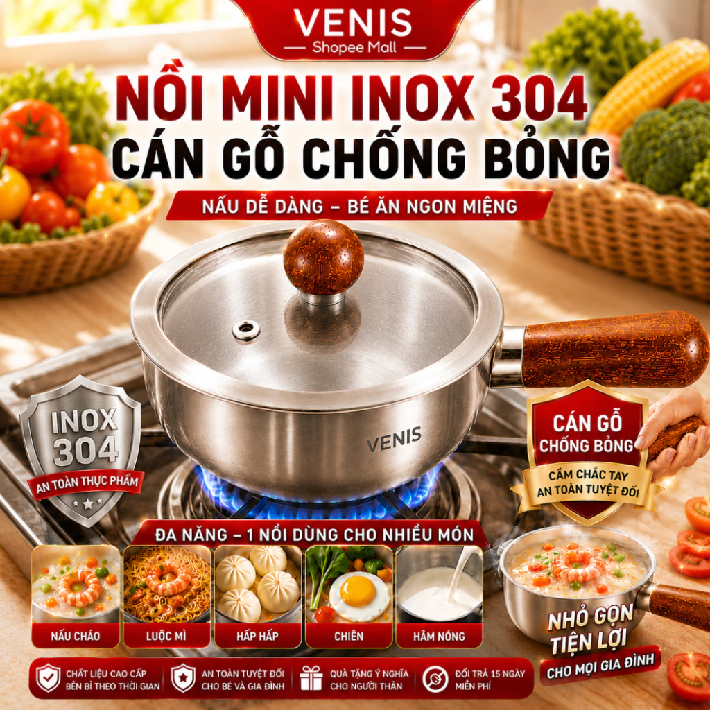 Nồi Mini Inox 304 14cm, Chảo Mini Cán Gỗ Chống Bỏng Đun Sữa Nấu Mì Làm Sốt Dùng Bếp Từ Bếp Gas