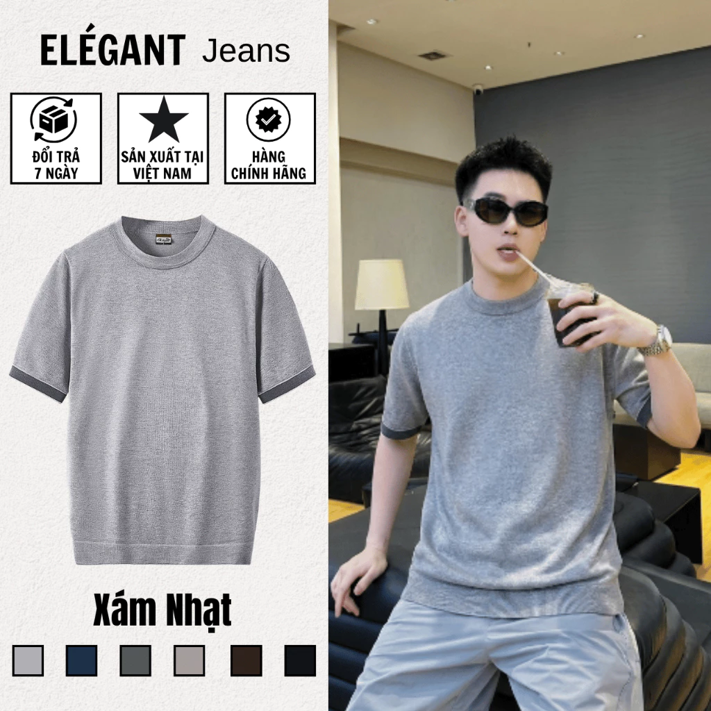 Áo Thun Dệt Kim Nam Cao Cấp Màu Xám Nhạt, Sợi VISCOSE PREMIUM Thoáng Mát, Áo Thun Nam Form Regular